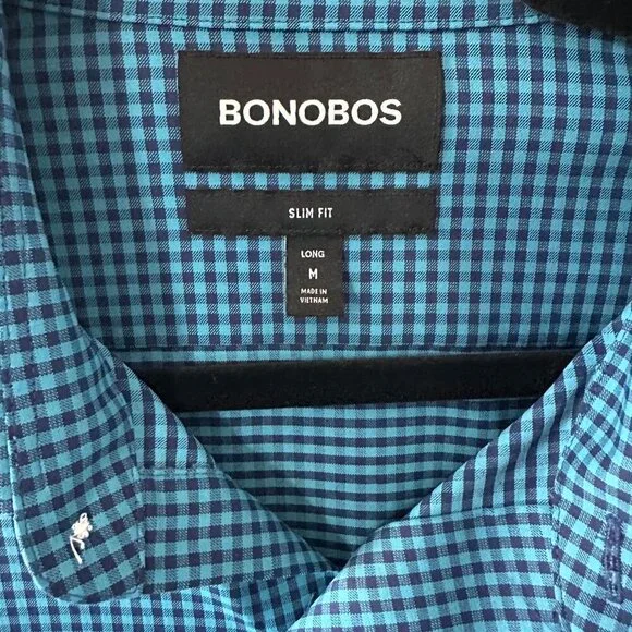 Bonobos Blue Check Slim Fit Medium Long Men's Shirt - Picture 2 of 11